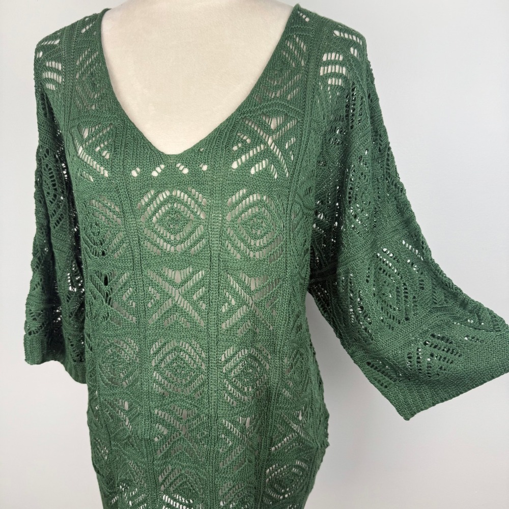 NWT Dokotoo Womens Green Crochet Knit V-Neck Sweater Top Boho Open Knit Sz XL